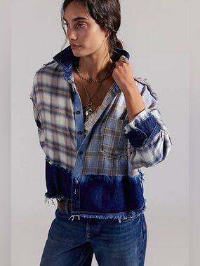 1554. FREE PEOPLE The Tales Mixed Denim Flannel Button Down Sz XS NWT $175